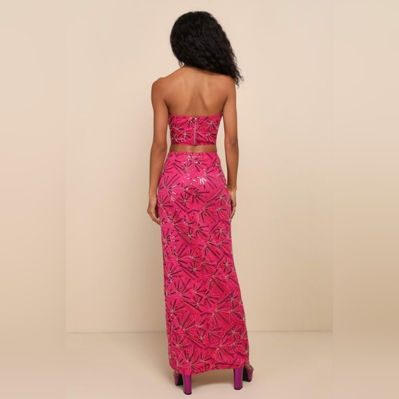 Lulus Cue The Glitter Magenta Sequin Beaded Two-piece Maxi Dress Pink Magenta - Picture 3 of 10